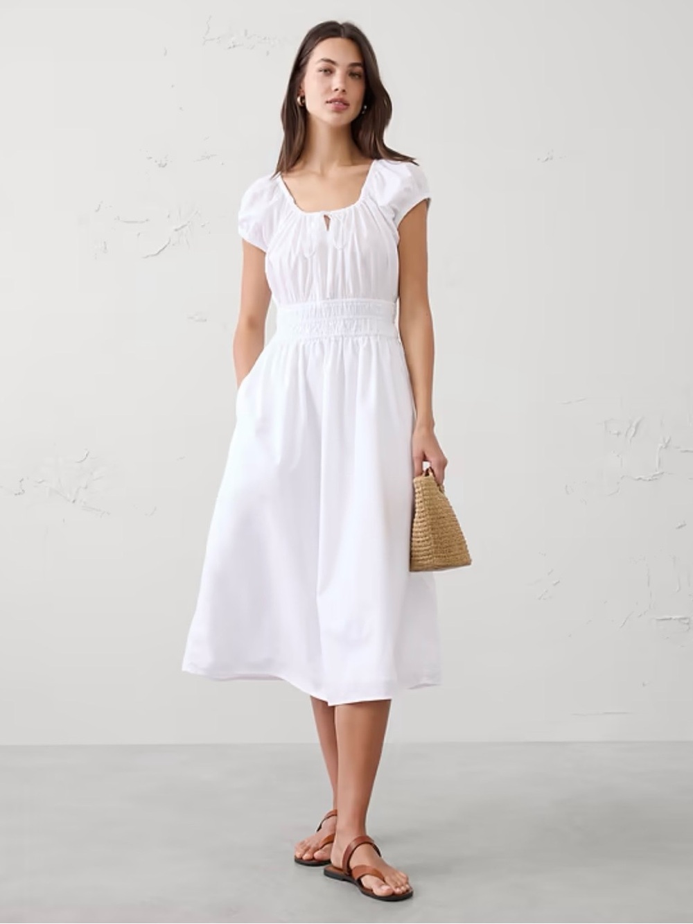 NWT Banana Republic Factory Women's White Smocked Waist Midi Skirt
